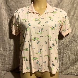 Aureus Top Knit Blouse Golf Peach/Pink Green Palm Trees L Pullover Stretch